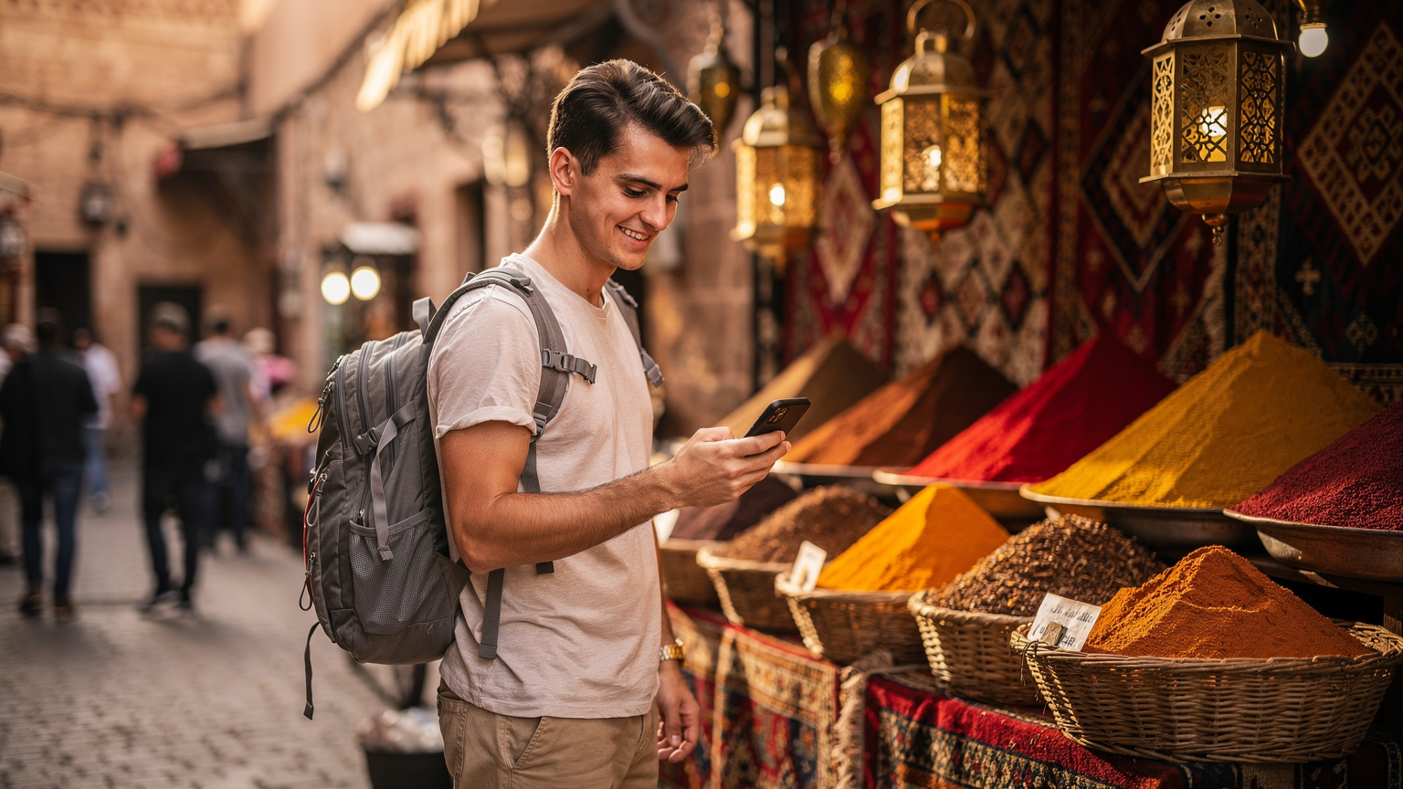 Un jeune homme souriant, sac à dos, utilisant son iPhone 18 pour consulter une carte numérique devant un marché animé à Marrakech, avec des épices colorées et des lanternes marocaines en arrière-plan. La lumière du matin est douce.