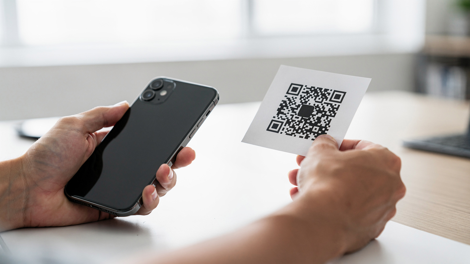 Une personne tenant un iPhone 18 et scannant un QR code sur un document imprimé, ses mains sont nettes au premier plan et son visage est légèrement flou, dans un environnement lumineux et moderne.