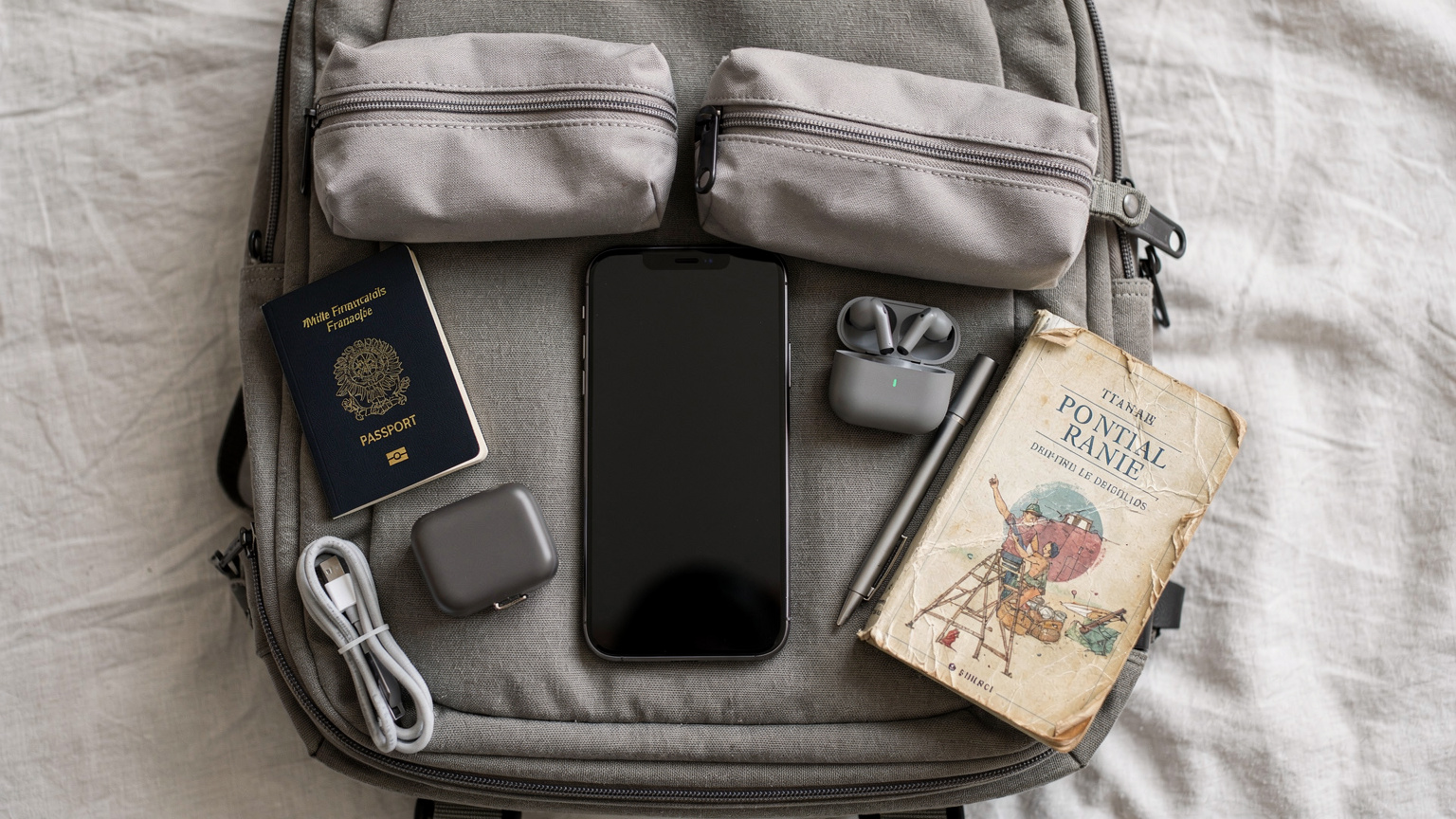 Vue aérienne de l'intérieur d'un sac à dos de voyage ouvert, révélant un iPhone 18, un passeport français, une petite trousse de toilette, et un guide de voyage froissé, le tout organisé pour un départ imminent. La lumière naturelle est douce et diffuse.