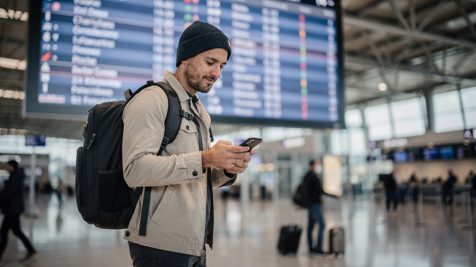 Un homme vérifiant son iPhone 18 près d'un panneau d'information numérique à l'aéroport Charles de Gaulle à Paris, l'air un peu pressé mais confiant. Il porte un sac à dos de voyage et un bonnet.