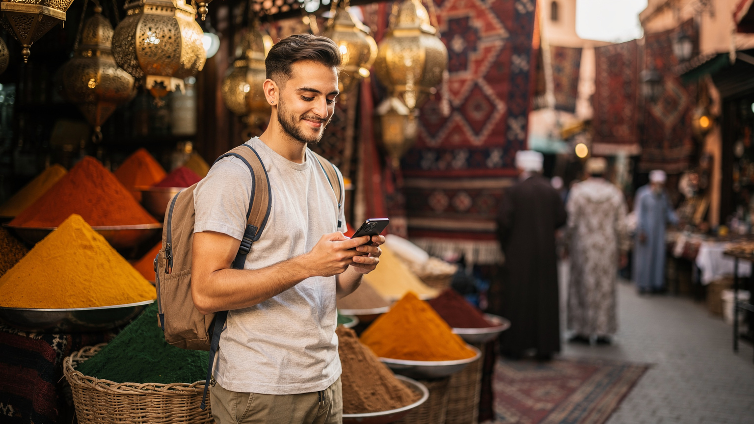 Un voyageur souriant, sac à dos, utilisant son iPhone 18 pour consulter une carte numérique devant un marché animé à Marrakech, avec des épices colorées et des lanternes marocaines en arrière-plan. La lumière du matin est douce.