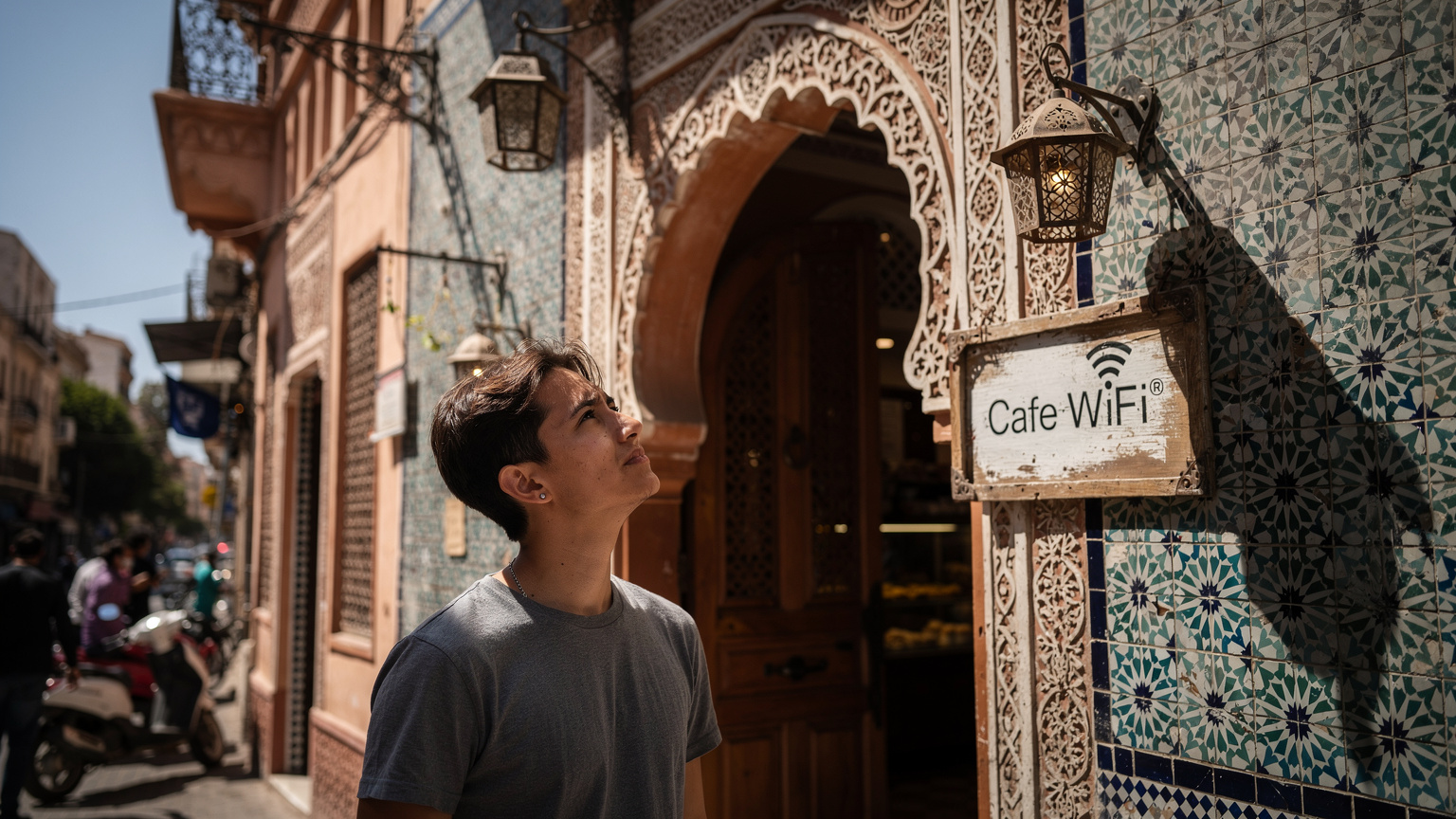 A person standing outside a traditional Moroccan patisserie in Casablanca, looking up at the Wi-Fi network name displayed on a small sign, contemplating connectivity options.