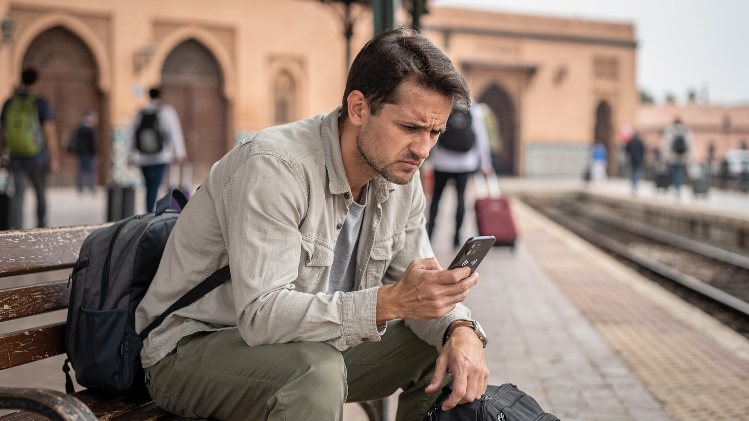 A tourist looking concerned at their phone, showing a 'No Service' error, while sitting on a bench at a bustling train station in Marrakech, Morocco.
