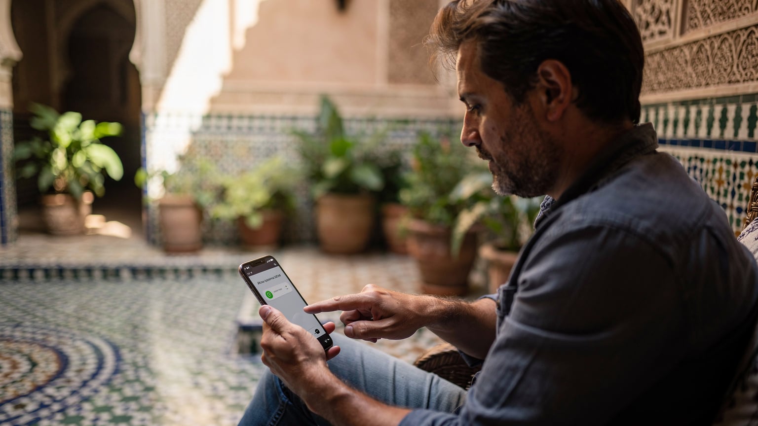A traveler easily activating their eSIM on their phone in a quiet riad courtyard in Fes, Morocco.