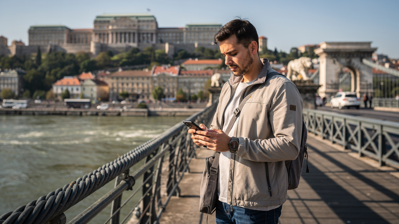 Mężczyzna w sportowej kurtce, stojący na moście Łańcuchowym w Budapeszcie, patrzy na swój telefon, sprawdzając kierunki. W tle widać rzekę Dunaj i Zamek Królewski.