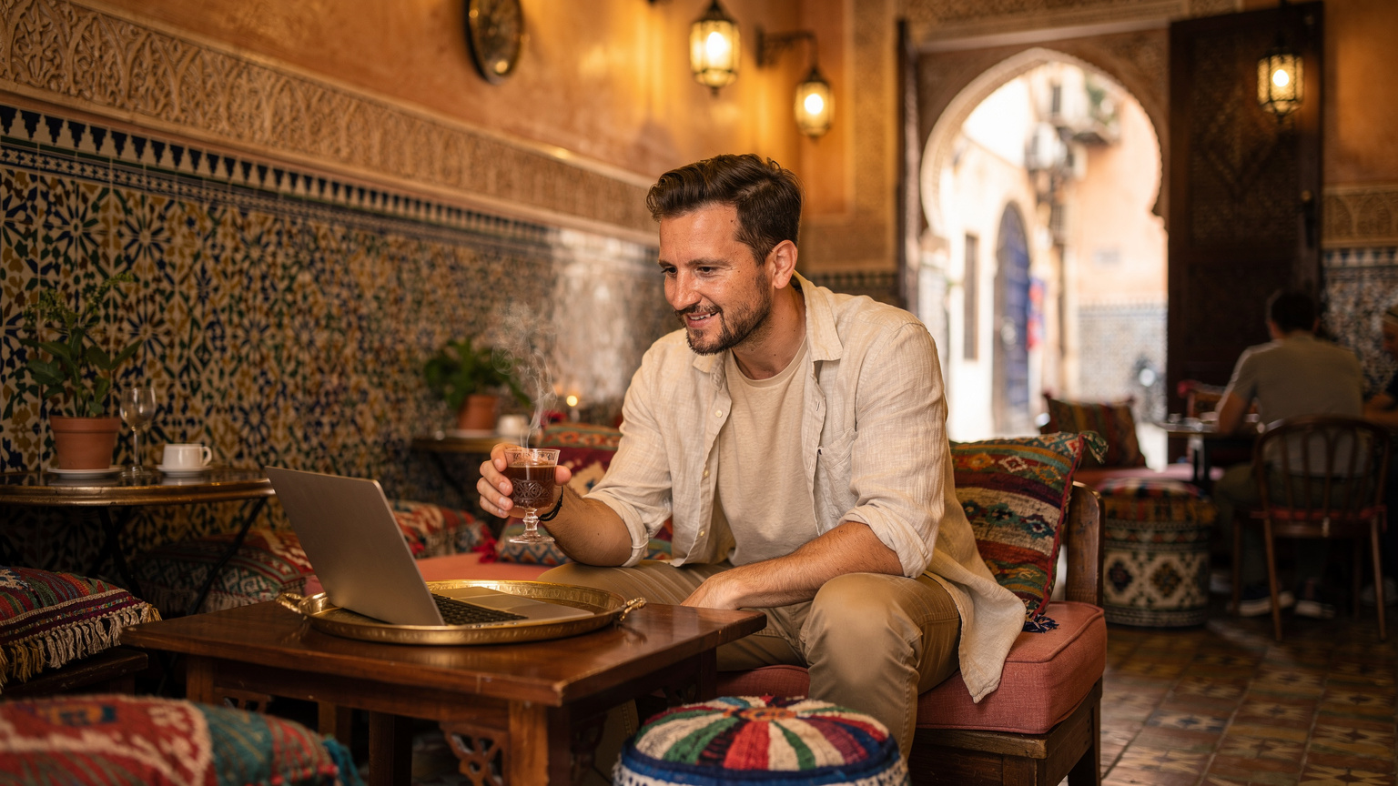 Podróżnik siedzący w autentycznej marokańskiej kawiarni w Marrakeszu, popijający miętową herbatę i korzystający z laptopa połączonego z Wi-Fi.