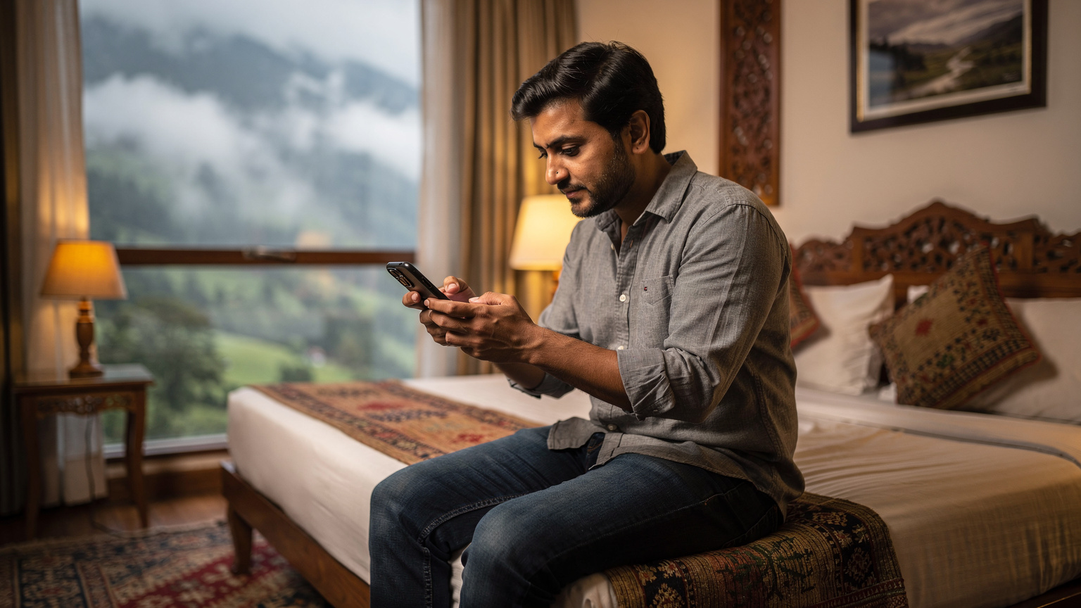 एक व्यक्ति अपने फोन पर VoLTE/VoWiFi सेटिंग चेक कर रहा है, जबकि पृष्ठभूमि में एक आरामदायक पहाड़ी होटल का कमरा और खिड़की से बाहर का दृश्य है.