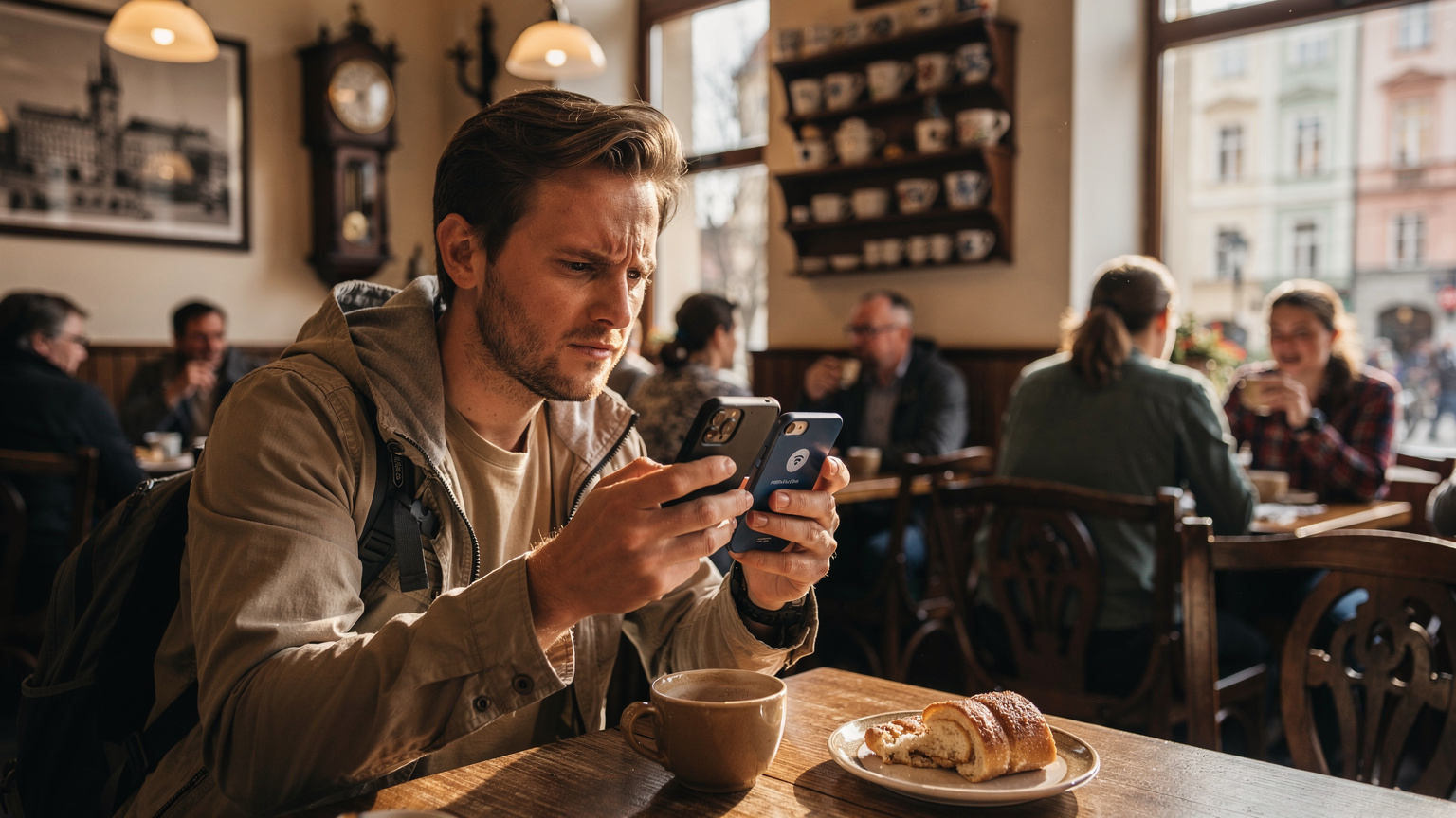 Пътешественик се опитва да се свърже с ненадежден Wi-Fi в препълнено кафене в Прага, Чехия, с изражение на леко разочарование.