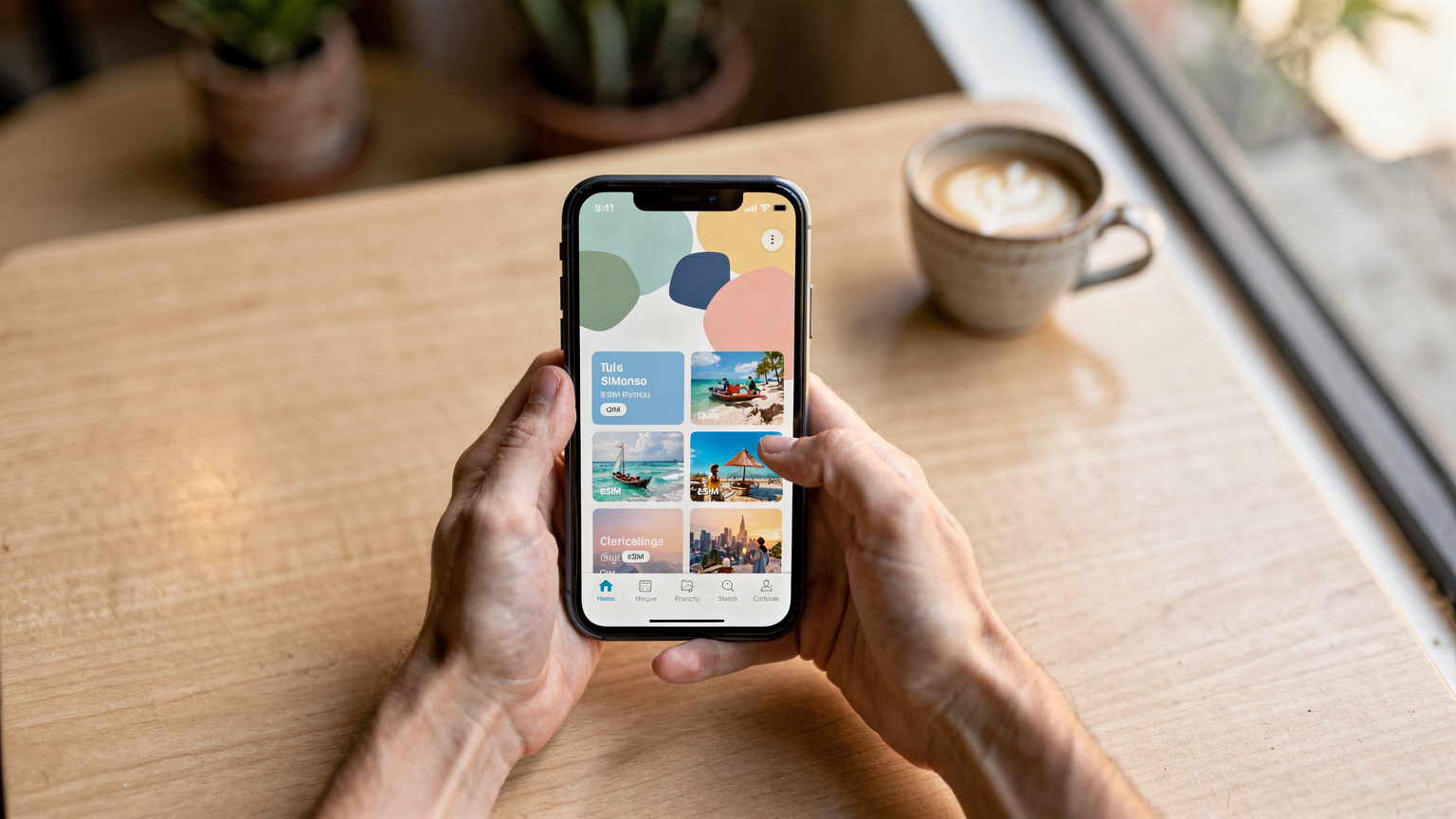 Tampilan layar ponsel menampilkan aplikasi Cellesim yang menunjukkan berbagai pilihan paket eSIM untuk Bali, dengan harga dan durasi yang jelas, sedang dilihat oleh seorang traveler di sebuah kafe minimalis di Canggu.