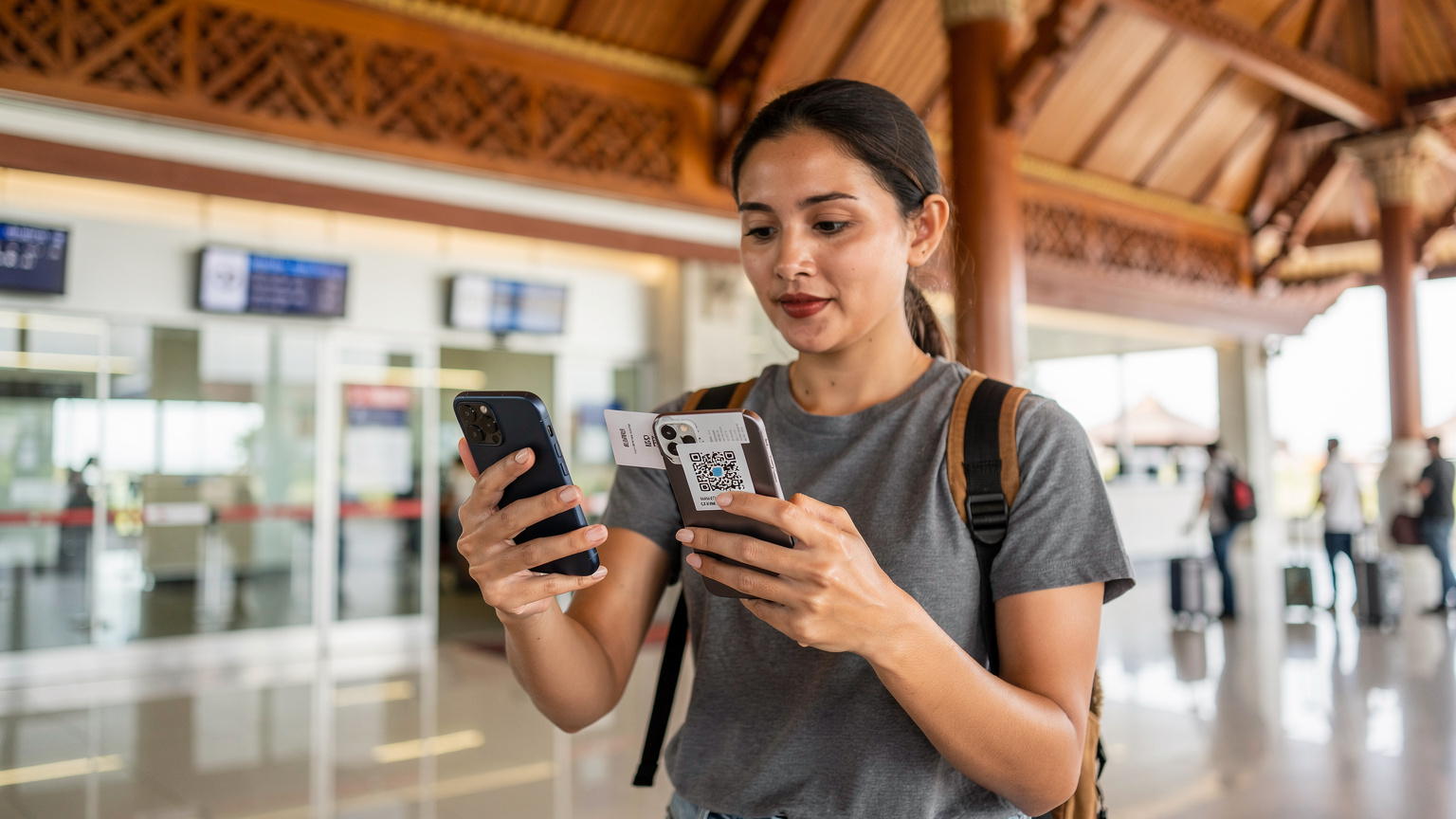 Seorang traveler perempuan sedang memegang ponselnya dengan tangan kiri dan memindai kode QR eSIM dengan tangan kanan, siap untuk mengaktifkan koneksi internetnya di bandara Ngurah Rai, Bali.