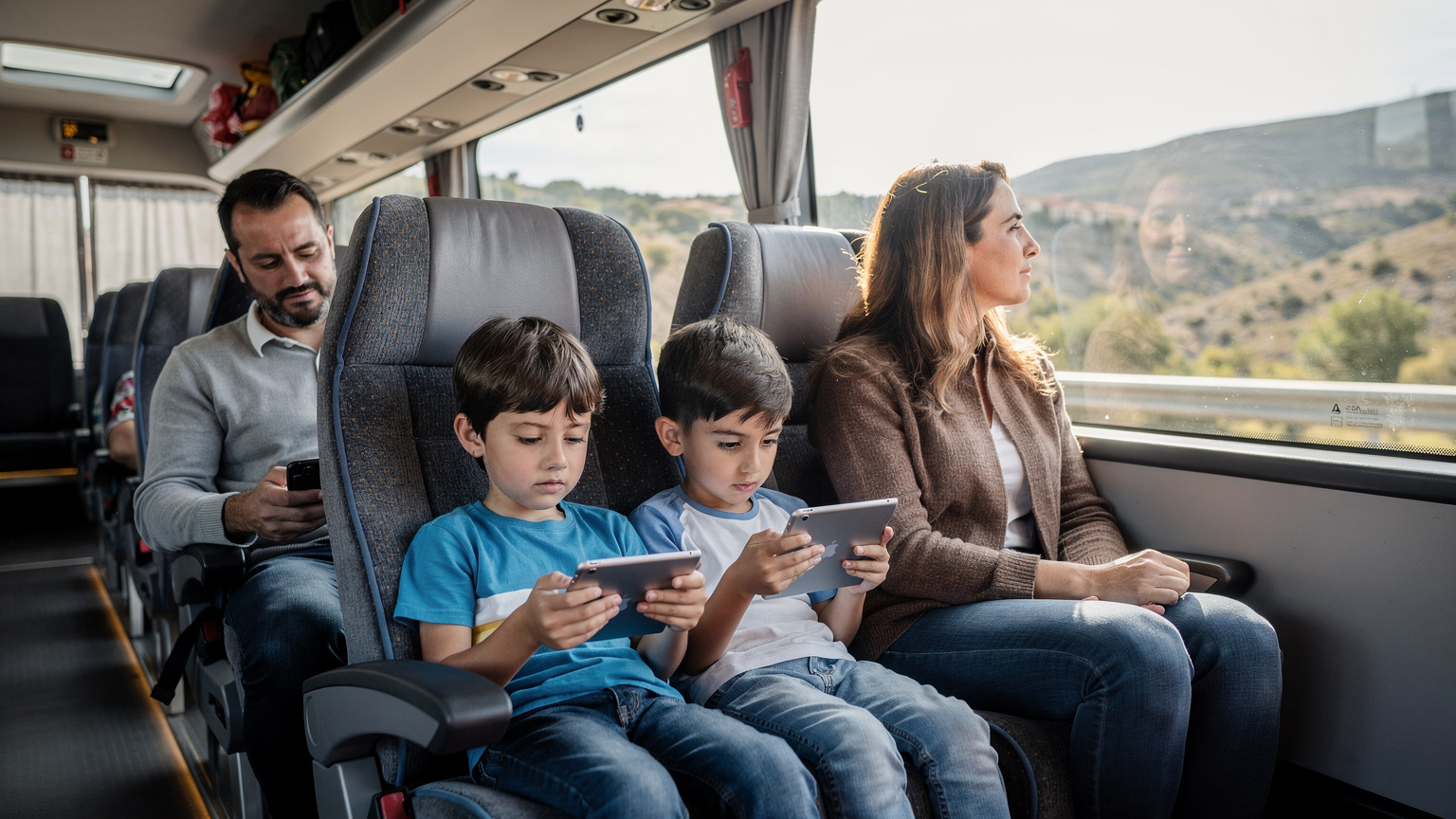 Une famille assise à l'arrière d'un bus Alsa en Espagne, les enfants absorbés par des tablettes connectées au hotspot Wi-Fi du téléphone de leur père, qui tient son appareil discrètement. Lumière naturelle du jour par la fenêtre.