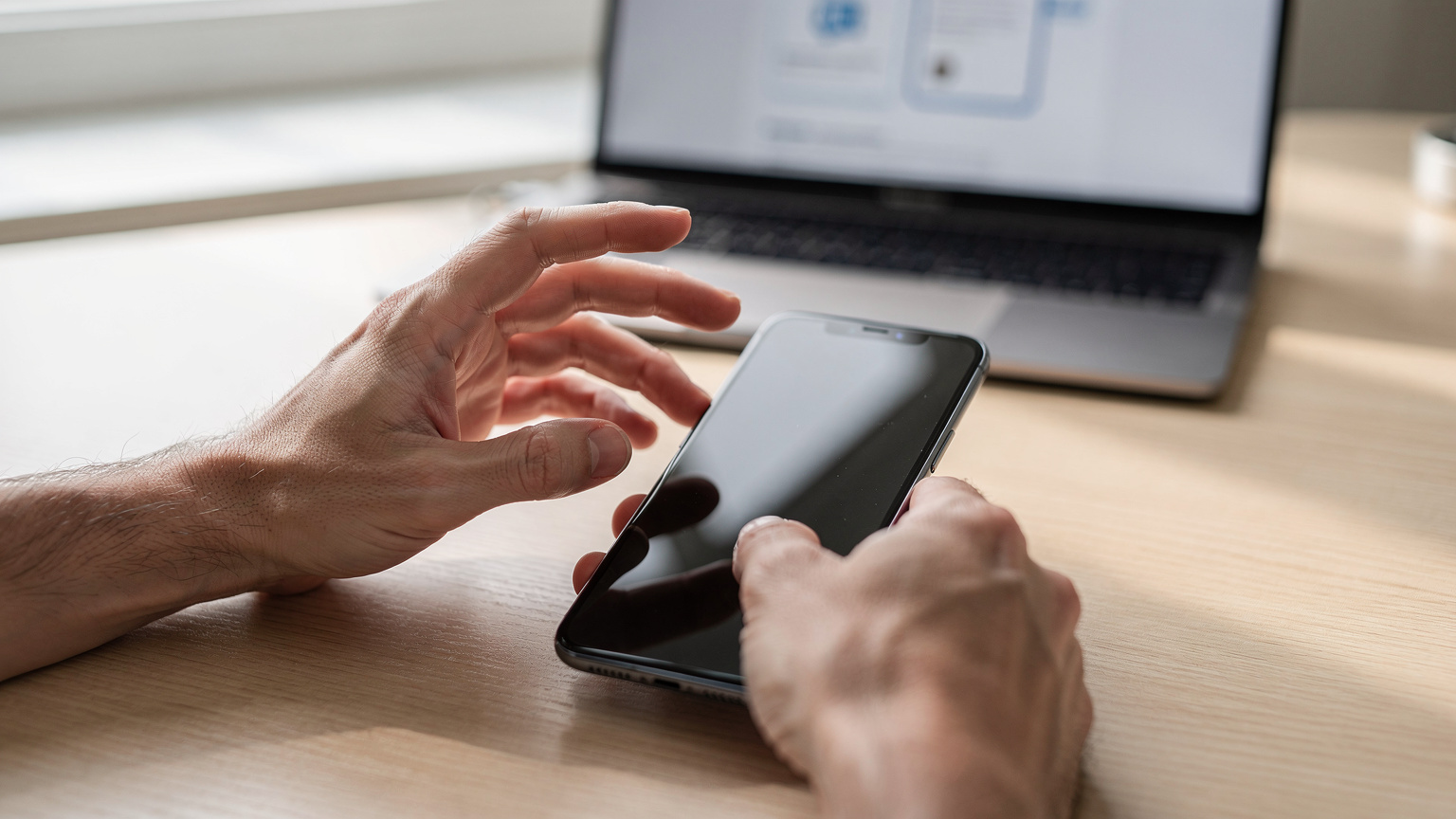 Gros plan sur des mains d'adultes configurant une eSIM sur un smartphone posé sur un bureau, avec un ordinateur portable affichant une page web d'activation d'eSIM en arrière-plan, dans un environnement domestique lumineux.