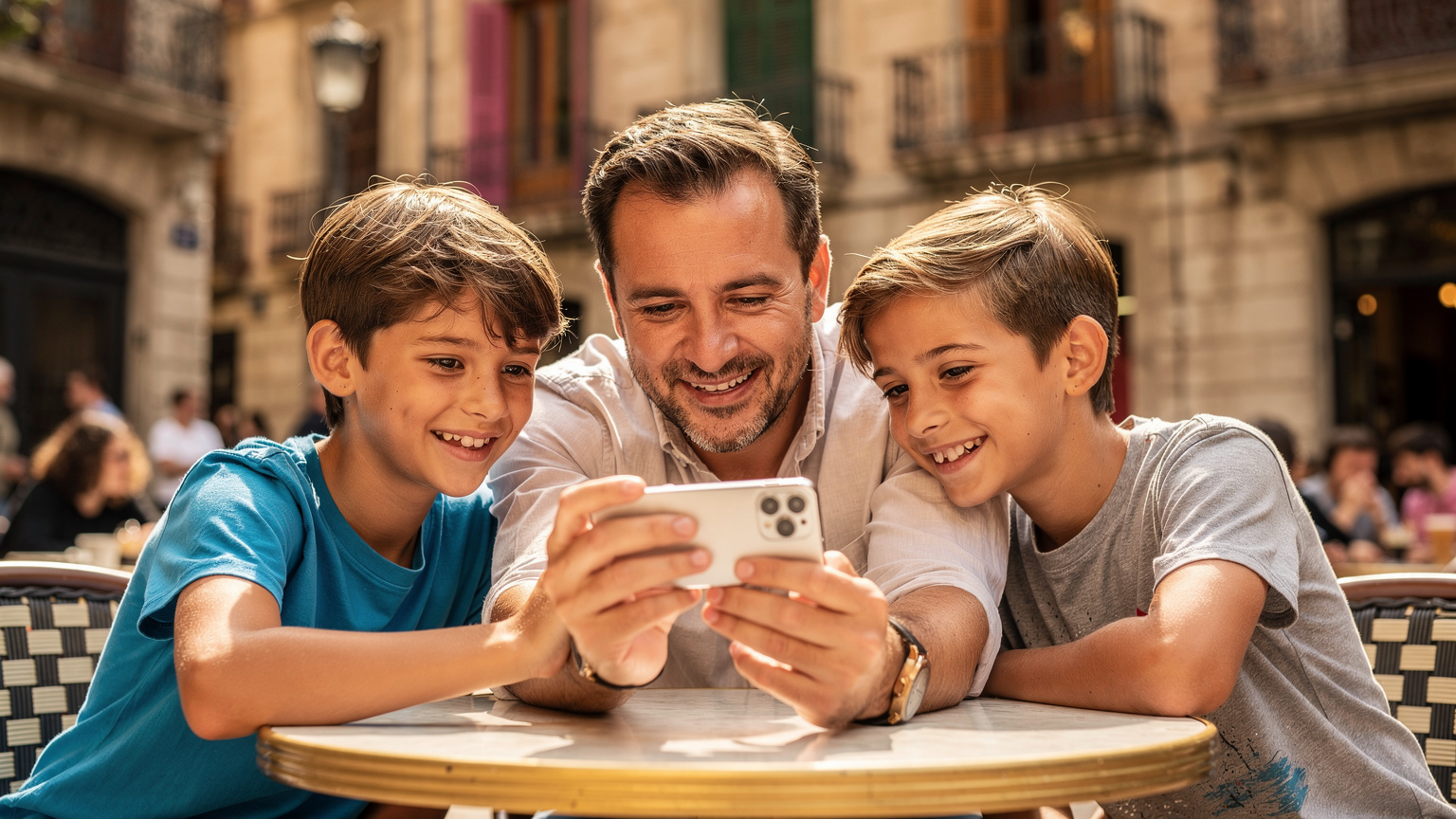 Un père et ses deux enfants sourient en regardant un smartphone, assis à une table en terrasse d'un café animé de Barcelone, avec des bâtiments historiques en arrière-plan et un ciel bleu.