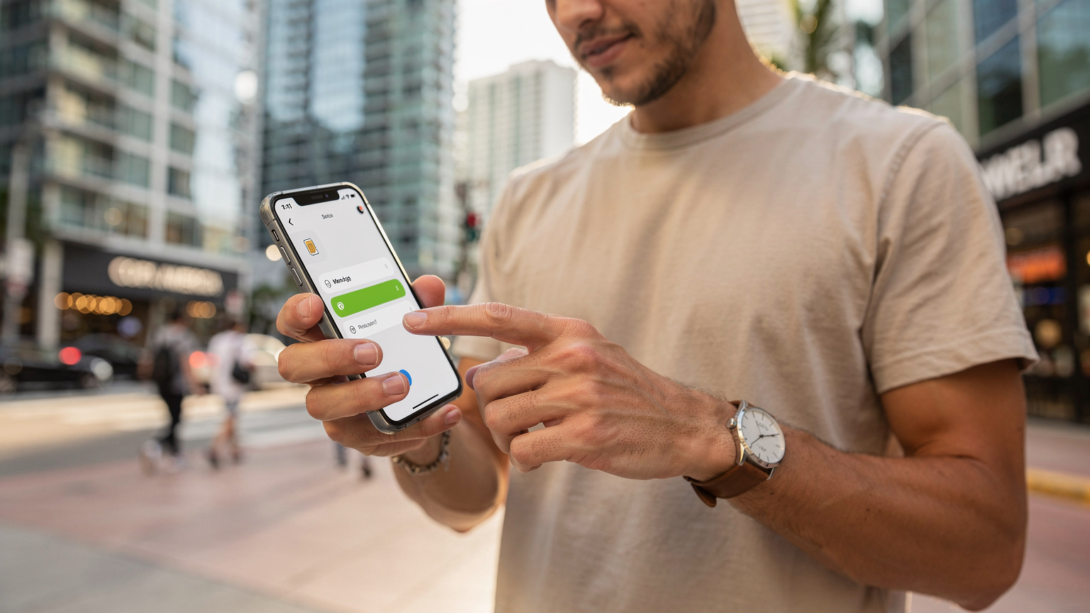 Un viajero revisando los detalles de su eSIM en un teléfono, con el paisaje urbano de una ciudad anfitriona de la Copa América de fondo, quizás Nueva York o Miami.