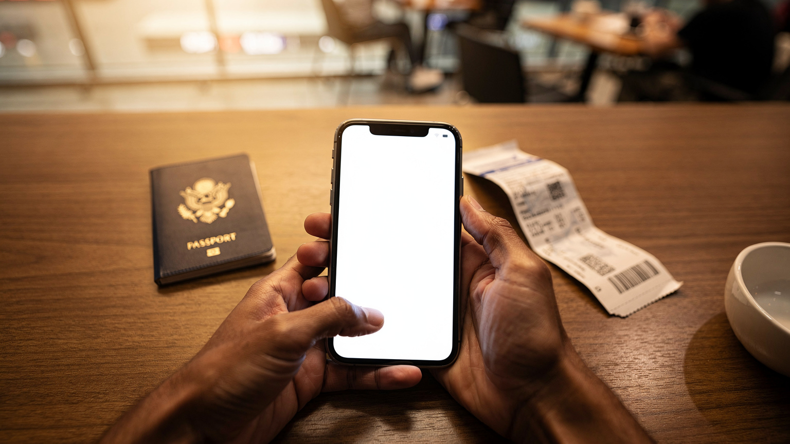 Manos de una persona sosteniendo un smartphone con la pantalla en blanco, simulando la configuración de una eSIM, con un pasaporte y billetes de avión en una mesa de café.