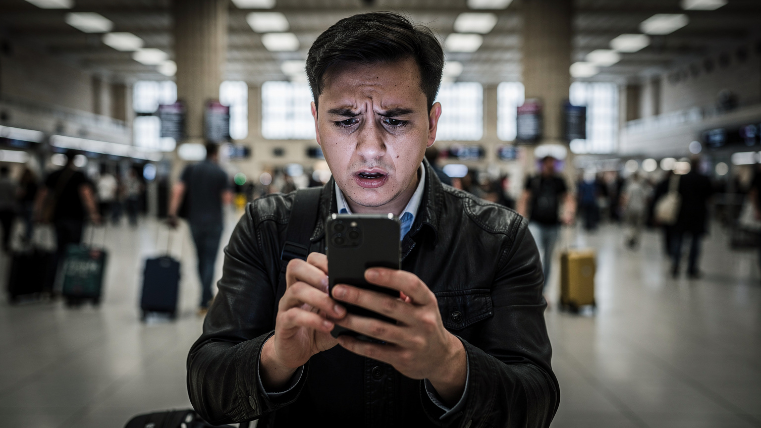 Un viajero con su teléfono en mano, mirando preocupado un mapa digital en una pantalla. La escena podría ser en una estación de tren concurrida o un aeropuerto, sugiriendo un momento de confusión o un problema de conectividad.