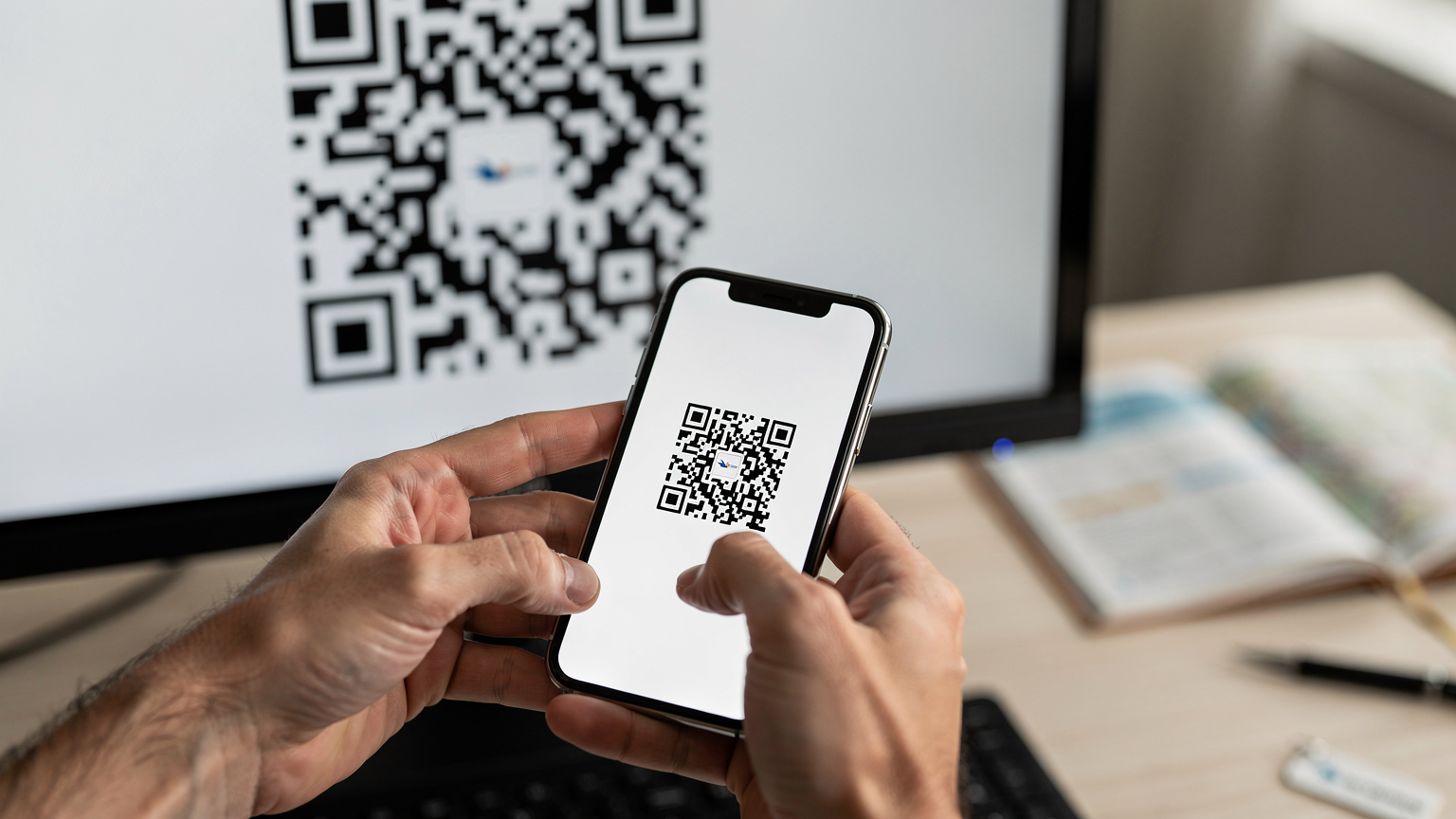 En tæt på-optagelse af voksne hænder, der holder en smartphone og scanner en QR-kode på en skærm for at aktivere et eSIM, med en let sløret baggrund af en rejseplanlægningsbog.