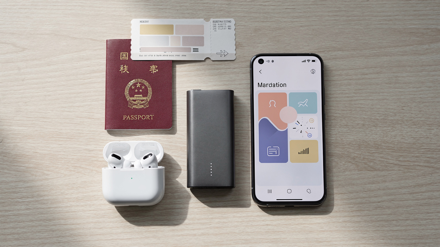 一张精心布置的旅行清单平铺图, 包含一本中国护照、一张登机牌、一个移动电源、一双耳机, 以及一部正在显示Cellesim eSIM激活界面的华为Mate 70 Pro手机。