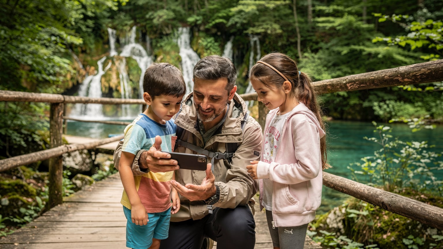 Un tată arată o hartă offline pe telefonul său, în timp ce copiii săi îl privesc curioși, pregătindu-se pentru o drumeție în Parcul Național Plitvice.