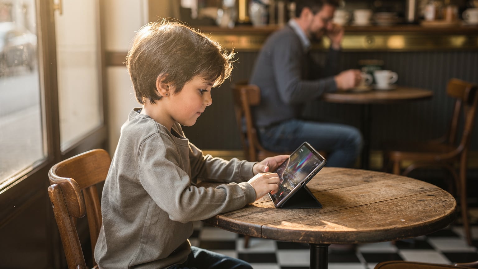 Ein lächelndes Kind sitzt an einem kleinen Tisch in einem charmanten französischen Café und schaut konzentriert auf ein Tablet, während im leicht unscharfen Hintergrund ein Elternteil entspannt einen Kaffee genießt.