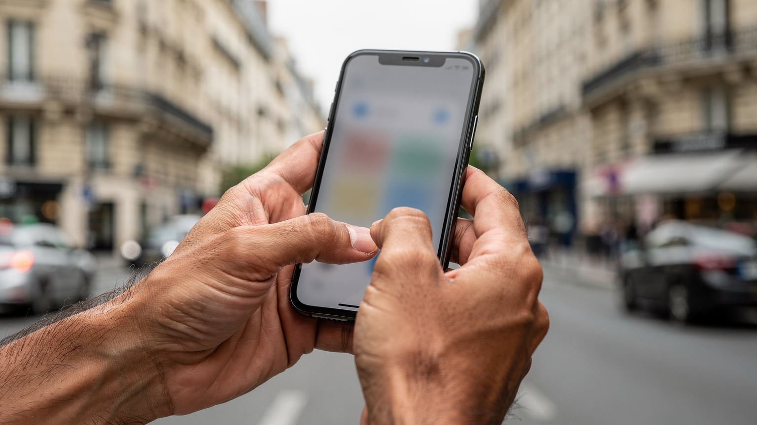 Nahaufnahme von Erwachsenenhänden, die auf einem Smartphone eine App zur Überwachung des Datenverbrauchs oder zur Kindersicherung bedienen, mit einem unscharfen Hintergrund einer belebten Pariser Straße.