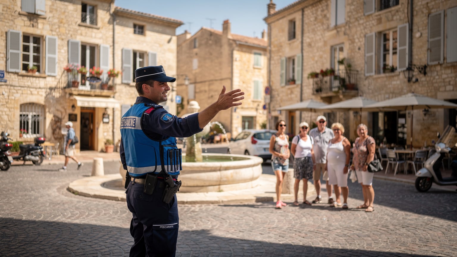 Ein französischer Polizist in Uniform gibt an einer belebten Kreuzung in einer malerischen Kleinstadt in der Provence Anweisungen an eine Gruppe von Touristen im Hintergrund.