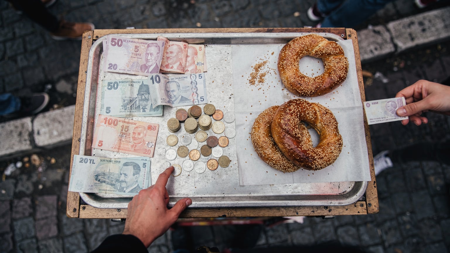 A close-up overhead shot of a Turkish simit vendor's cart, with various coins and small lira notes neatly arranged for transactions.