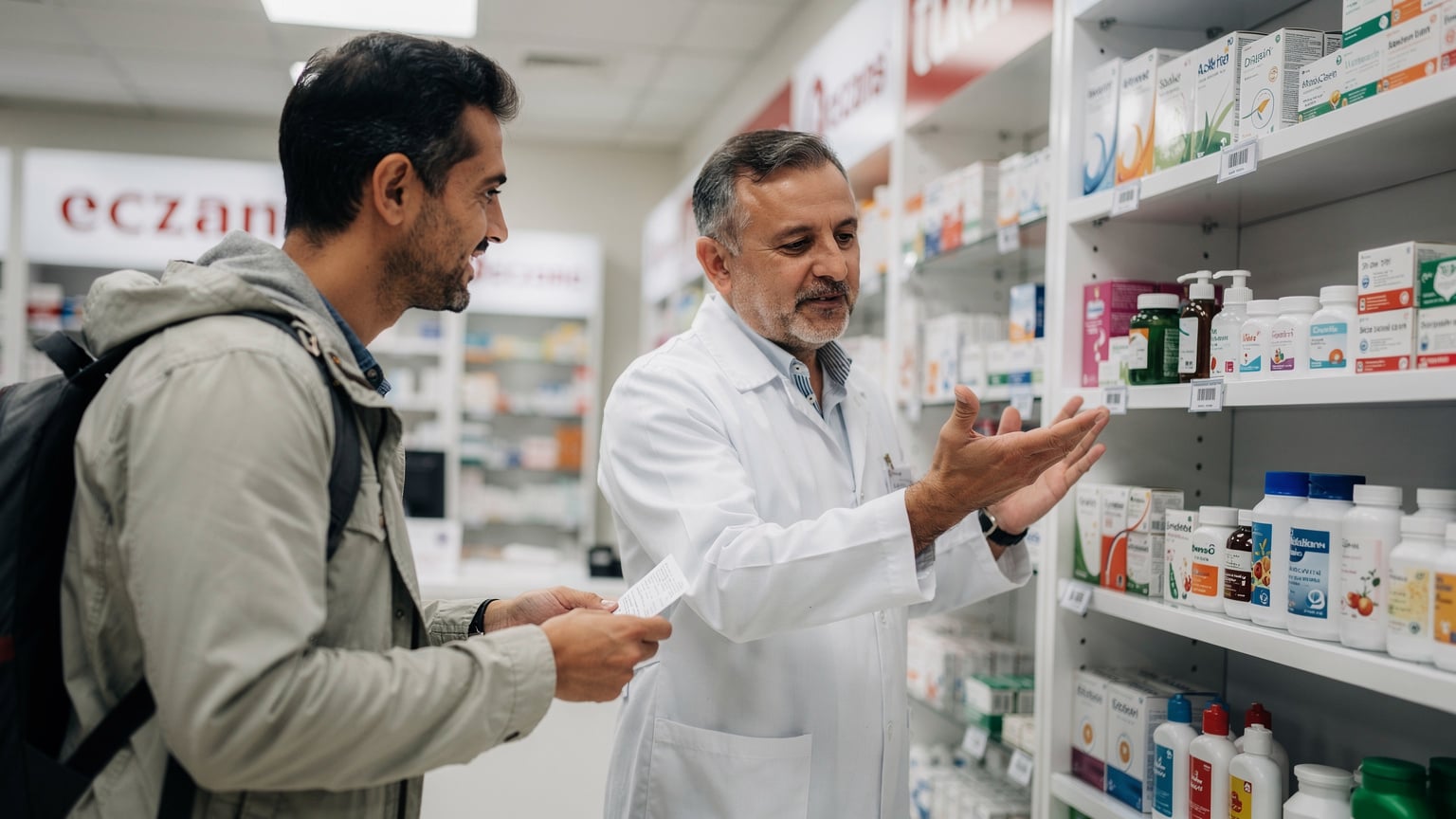 A traveler consults with a Turkish pharmacist, pointing to a common over-the-counter remedy, reflecting a moment of practical assistance.