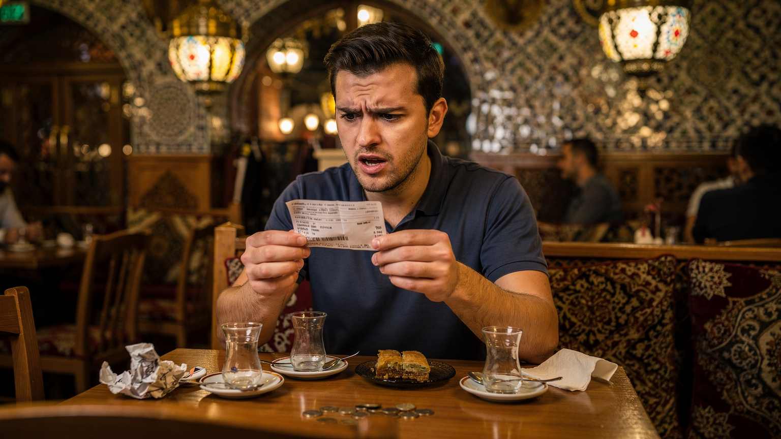 A tourist looking confused at an inflated bill in a dimly lit, ornate restaurant in Istanbul, surrounded by empty tea glasses.