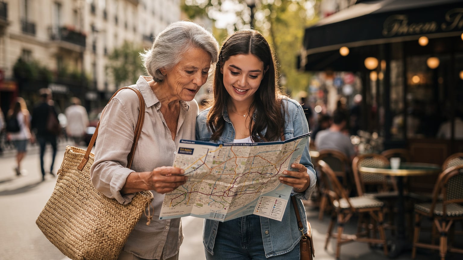 Una donna anziana francese con una borsa della spesa, si ferma ad aiutare una giovane turista a consultare una mappa cartacea del M&eacute;tro di Parigi, mostrando un gesto di gentilezza locale.