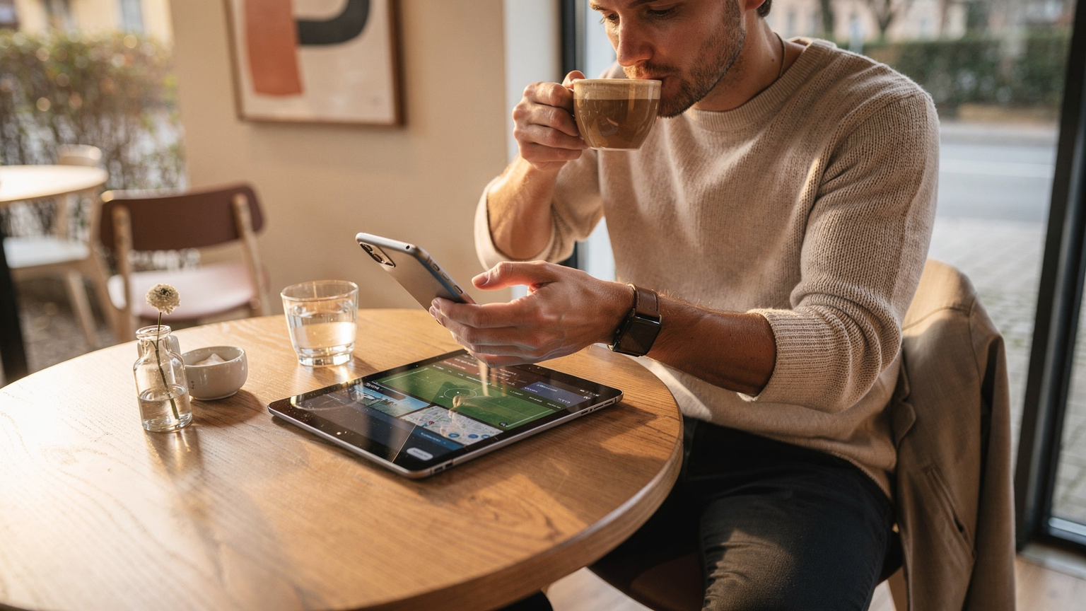 Cestovateľ popíja kávu v príjemnej kaviarni v Mníchove, zatiaľ čo si na tablete kontroluje futbalové výsledky a na smartfóne prezerá mapy, s eSIM pripojením.