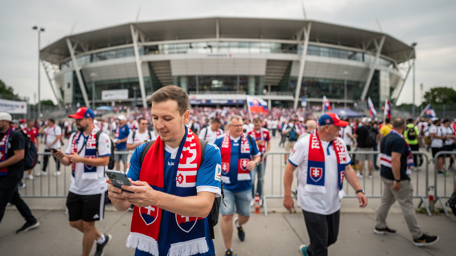 Slovenskí futbaloví fanúšikovia v šálach a dresoch kráčajúci k vstupu na štadión v Nemecku, pričom jeden z nich si kontroluje trasu na smartfóne, ktorý má aktívnu eSIM.