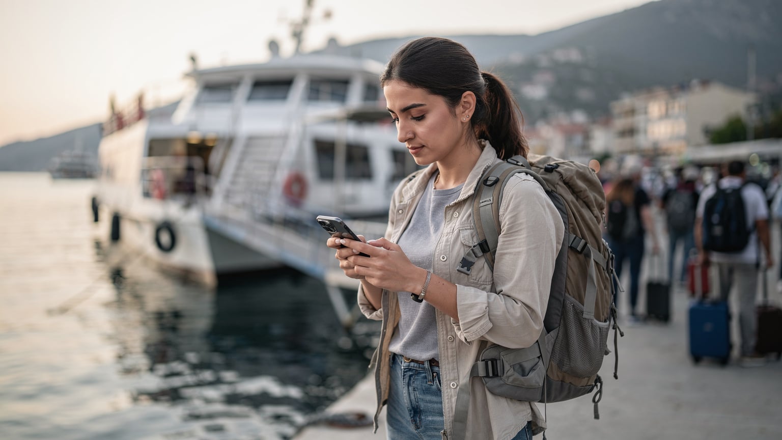 Fethiye limanında, Rodos'a hareket etmek üzere bekleyen bir feribotun önünde bavuluyla duran bir gezgin, telefonundan son kontrollerini yapıyor.