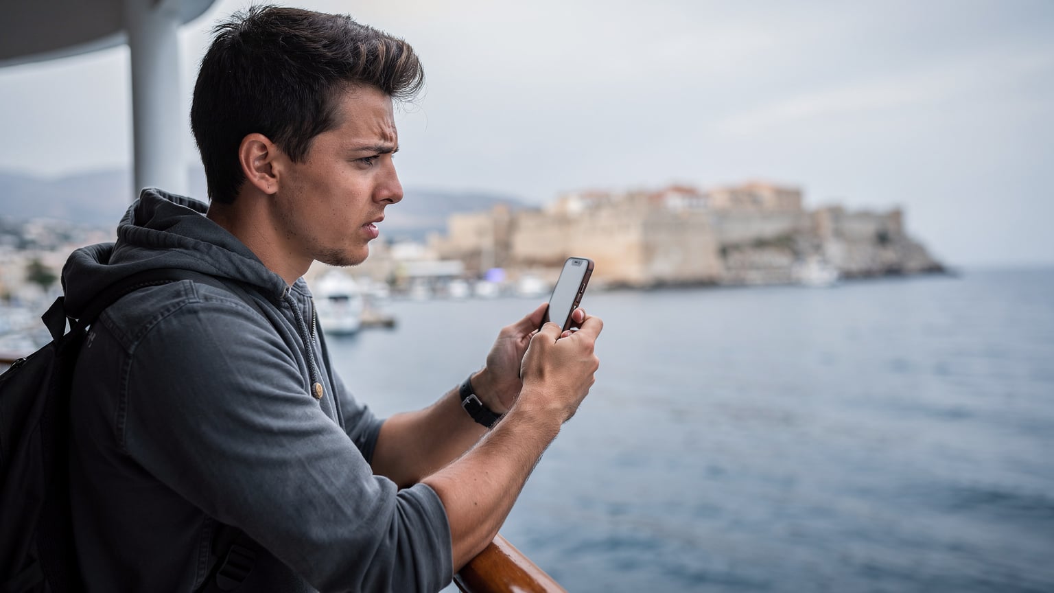 Rodos'a yanaşan bir feribotta, genç bir gezgin denize bakarken telefonuyla uğraşıyor, bağlantı sorunları yaşıyor gibi görünüyor.