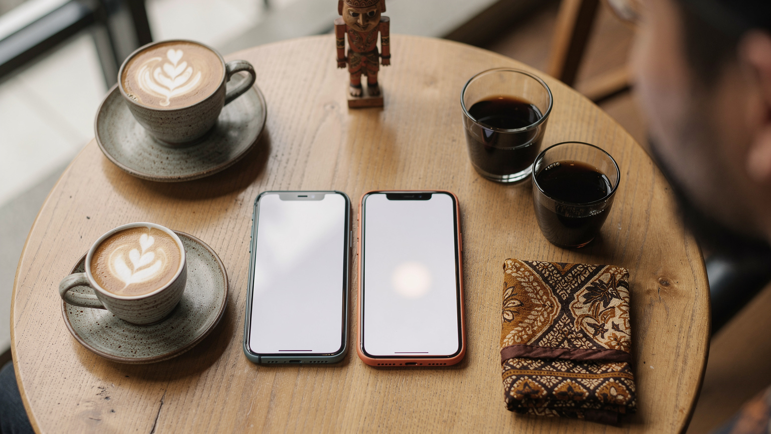 Perbandingan smartphone yang menampilkan aplikasi by.U dan Cellesim di layar, di tengah meja kayu dengan paspor dan tiket pesawat, dengan latar belakang jendela pesawat yang blur.