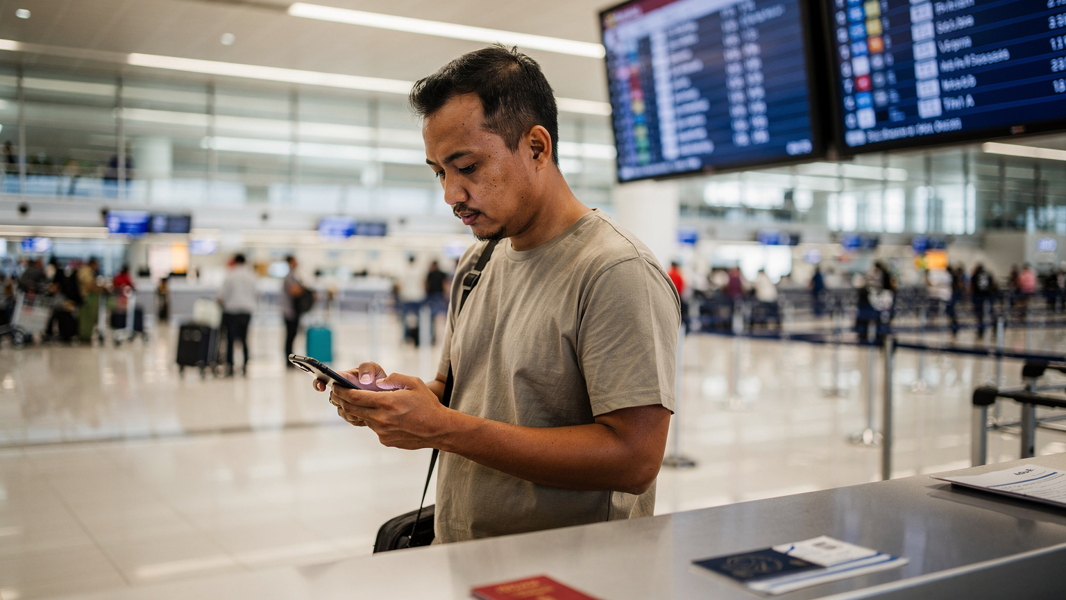 Seorang pria memeriksa smartphone di konter check-in Bandara Internasional Soekarno-Hatta (CGK), dengan latar belakang papan informasi penerbangan yang ramai.
