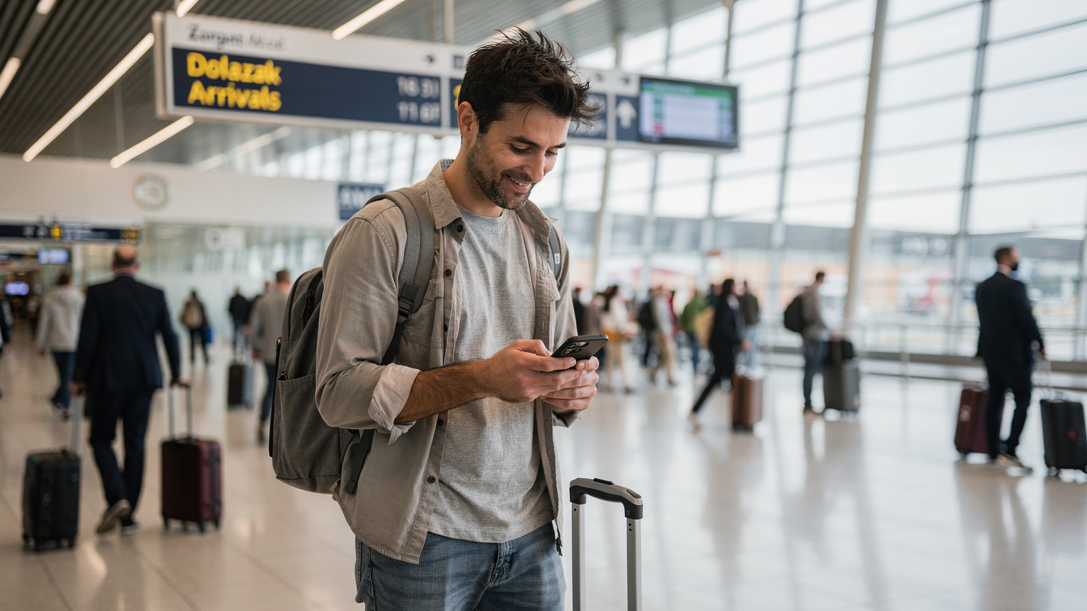 Ein Reisender bei der Ankunft am Flughafen Zagreb, entspannt mit dem Smartphone navigierend.
