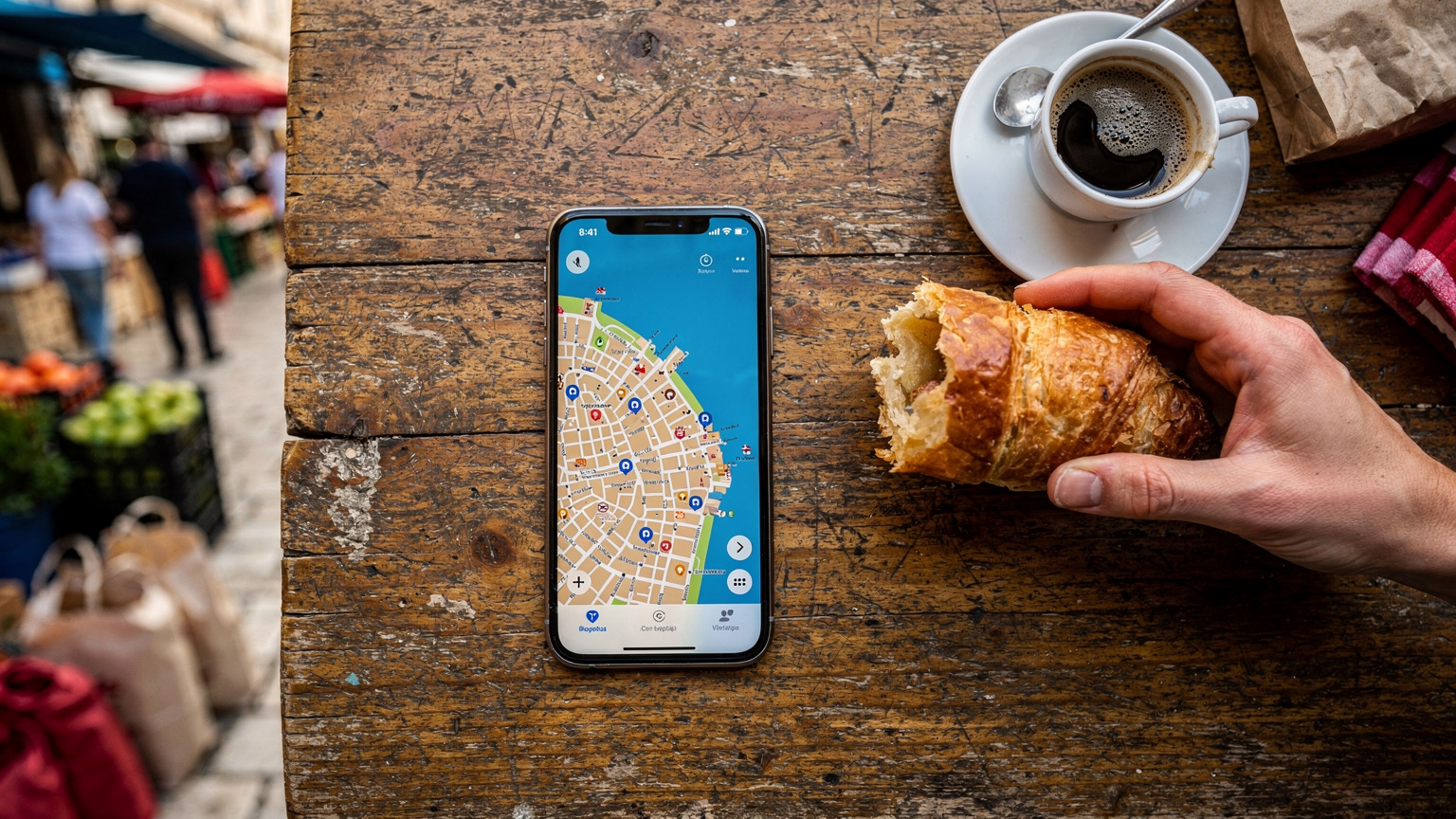 Ein Smartphone zeigt eine Karte von Split, während eine Hand einen lokalen Straßenimbiss mit Burek und Kaffee hält, im Hintergrund ein geschäftiger Markt.