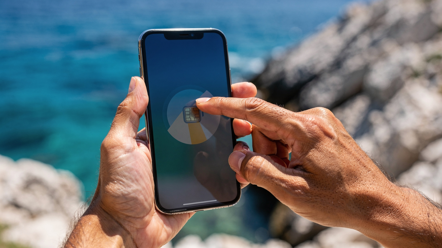 Nahaufnahme von Händen, die ein Smartphone halten, auf dem der eSIM-Installationsprozess angezeigt wird, im Hintergrund eine verschwommene kroatische Küstenlandschaft.