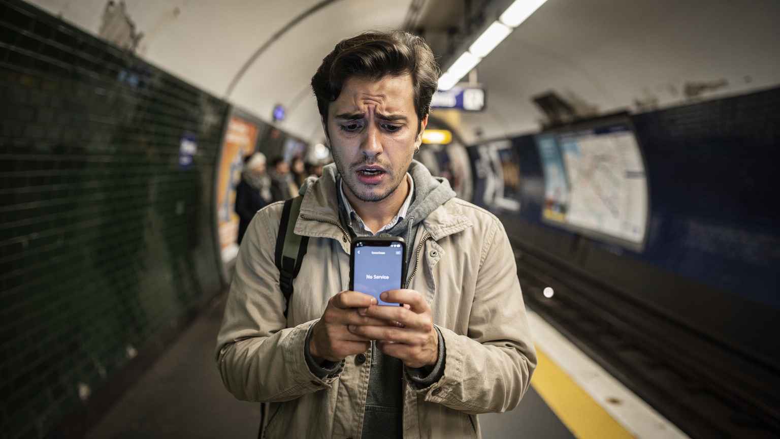 パリのメトロ駅のホームで、スマートフォンを手に困った顔をしている旅行者。画面には「圏外」の表示が見える。