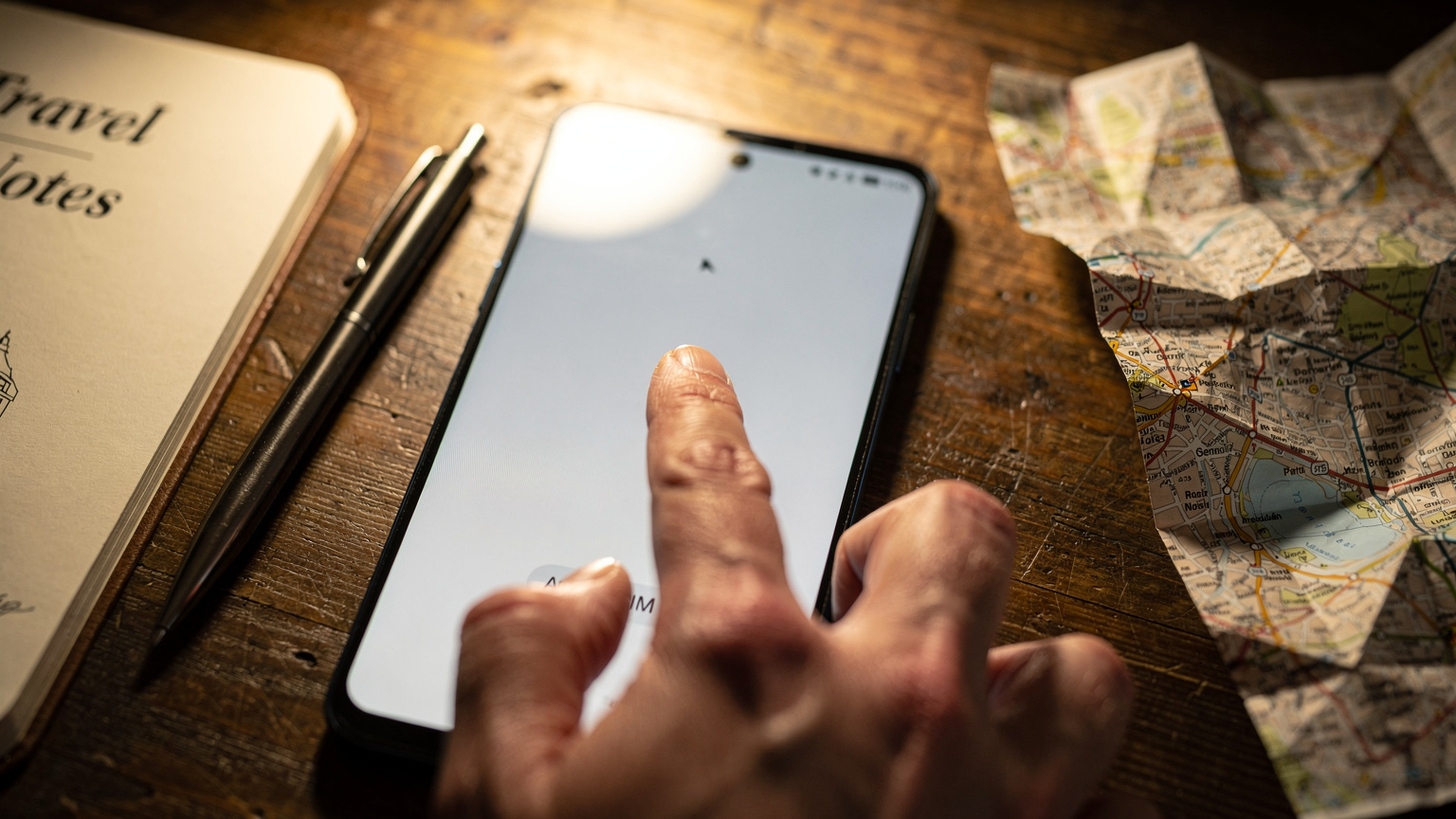 Androidスマートフォンの設定画面で、eSIMの追加オプションをタップしている指のクローズアップ。周りには旅の計画が書かれたメモとペンが置かれている。