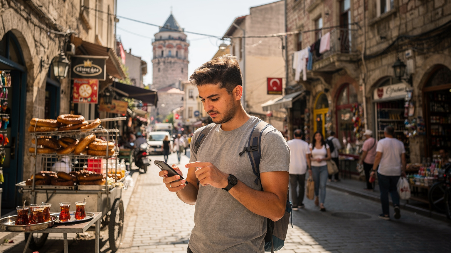 トルコのイスタンブール、ガラタ塔の近くの賑やかな通りで、スマートフォンを手に地図アプリを見ている旅行者。周りには地元の人々や露店が並ぶ。