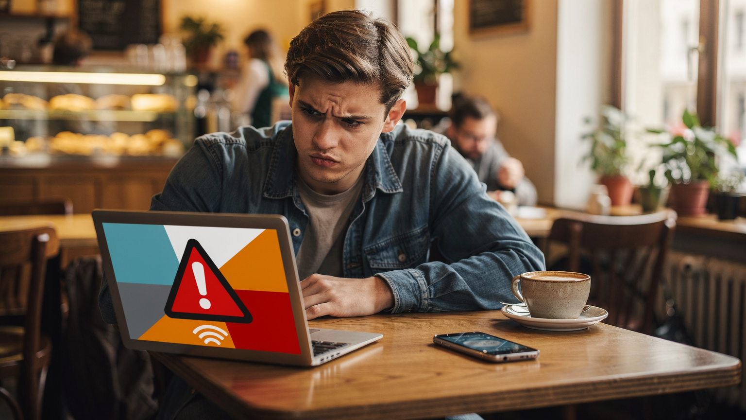 Людина сидить за столом у кафе з ноутбуком і смартфоном, на екрані ноутбука відображається сповіщення про незахищену Wi-Fi мережу, підкреслюючи ризики публічного інтернету.
