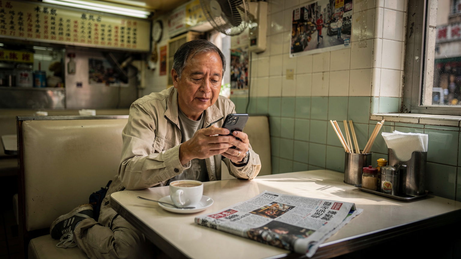 香港一家傳統茶餐廳的室內，一位本地居民坐在卡座裡，手機屏幕亮著，旁邊放著一杯奶茶和一份報紙。