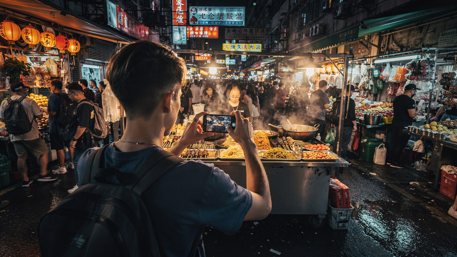 香港繁忙的街頭市場，攤位上擺滿了各式小吃和商品，一位年輕人正用手機拍攝，周圍人頭攢動。
