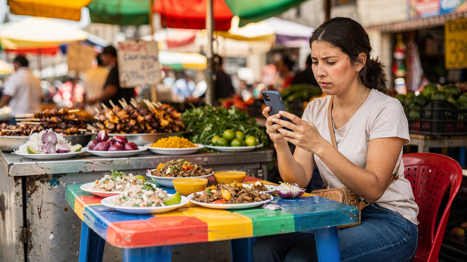 Eine junge Frau in einer bunten Straßenküche in Lima, Peru, überprüft konzentriert ihren Telefonbildschirm, während sie auf ihr Essen wartet.