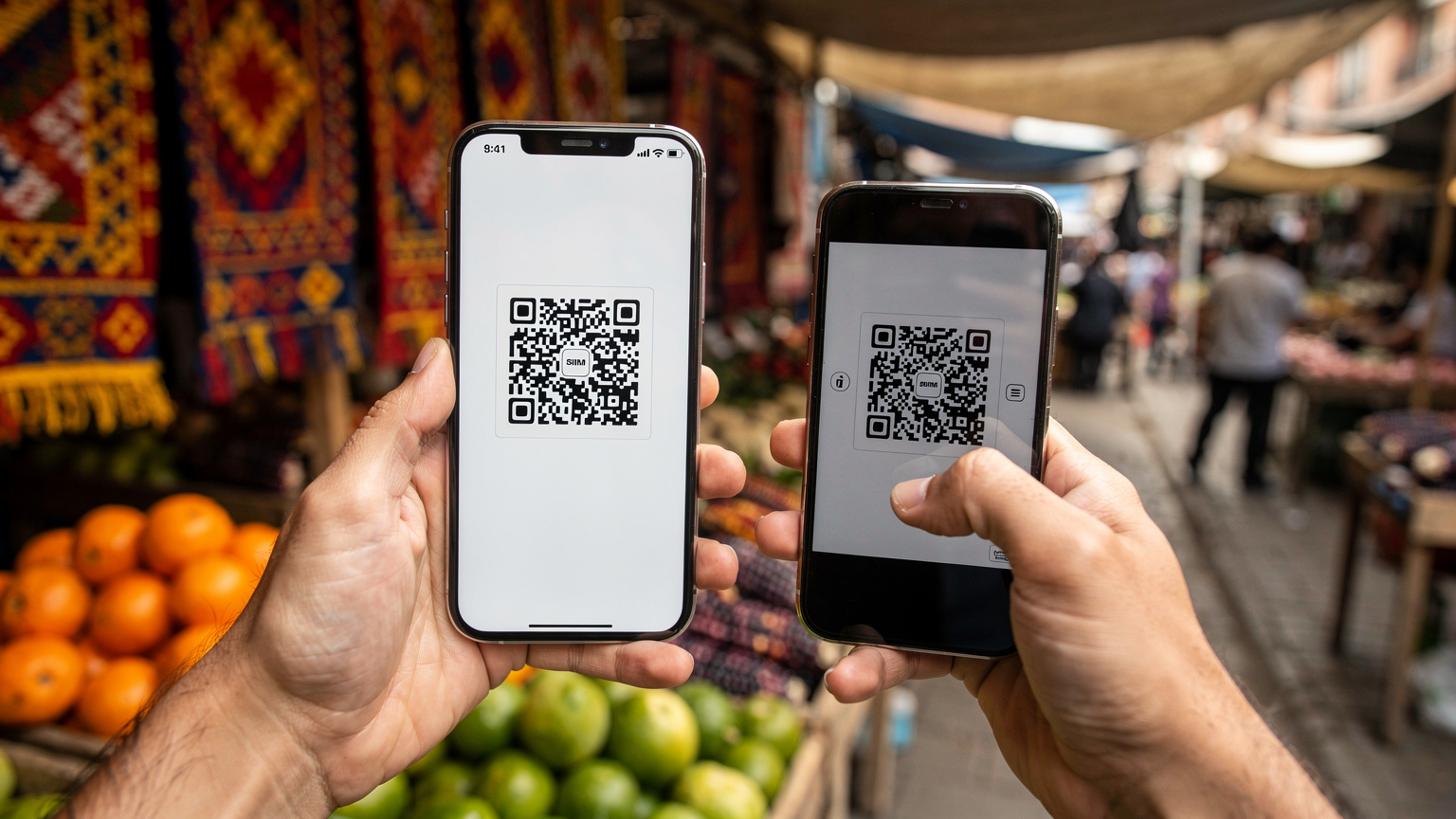 Nahaufnahme von Händen, die ein Smartphone halten, während eine eSIM über einen QR-Code-Scan aktiviert wird, mit dem Hintergrund eines lebhaften peruanischen Marktes in Lima.