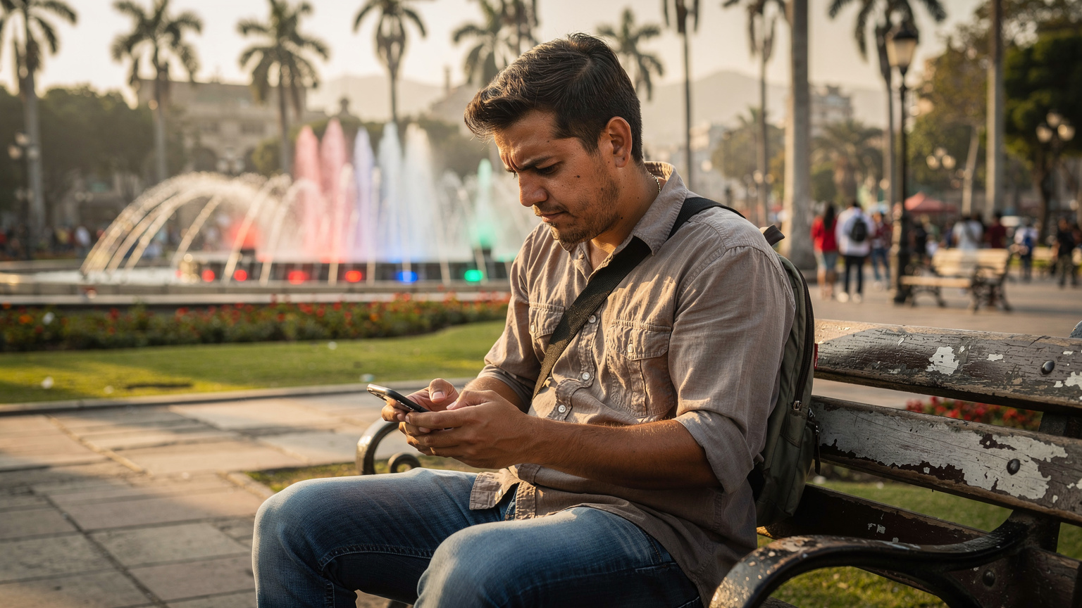 Ein Reisender sitzt frustriert auf einer Parkbank in Lima und versucht, sein Smartphone zu verbinden, während er sich durch die Einstellungen kämpft.