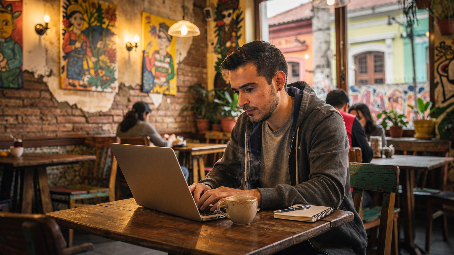 Ein digitaler Nomade, der in einem hippen Café in Lima arbeitet, auf seinem Laptop tippt und seinen Kaffee genießt, umgeben von lokaler Kunst und Dekoration.