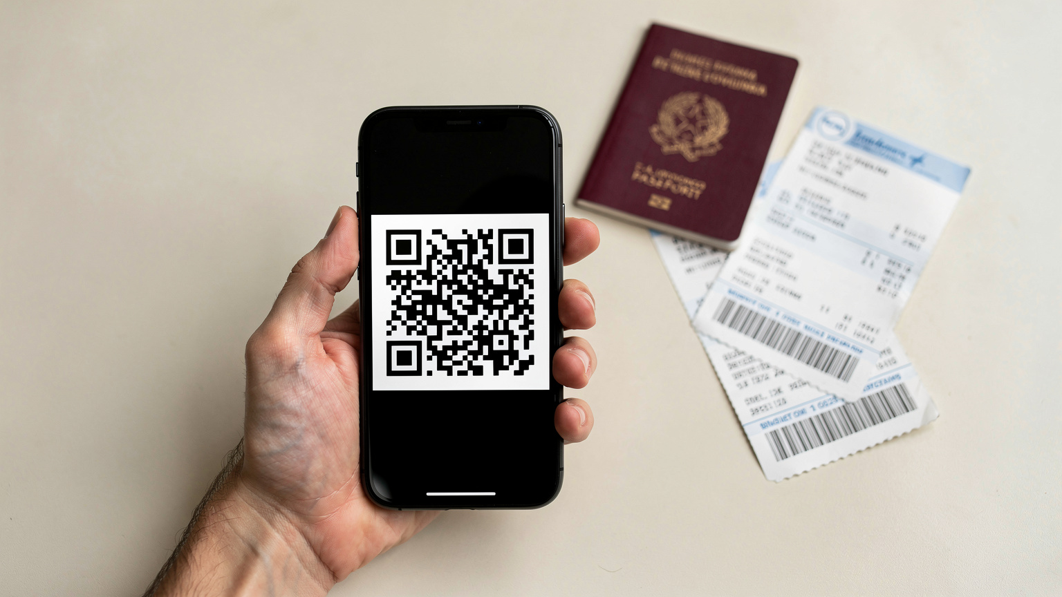 Una mano che tiene uno smartphone mostra un QR code su uno schermo, pronto per l'installazione di una eSIM, con un passaporto e biglietti aerei sullo sfondo, un'immagine pulita e ordinata.